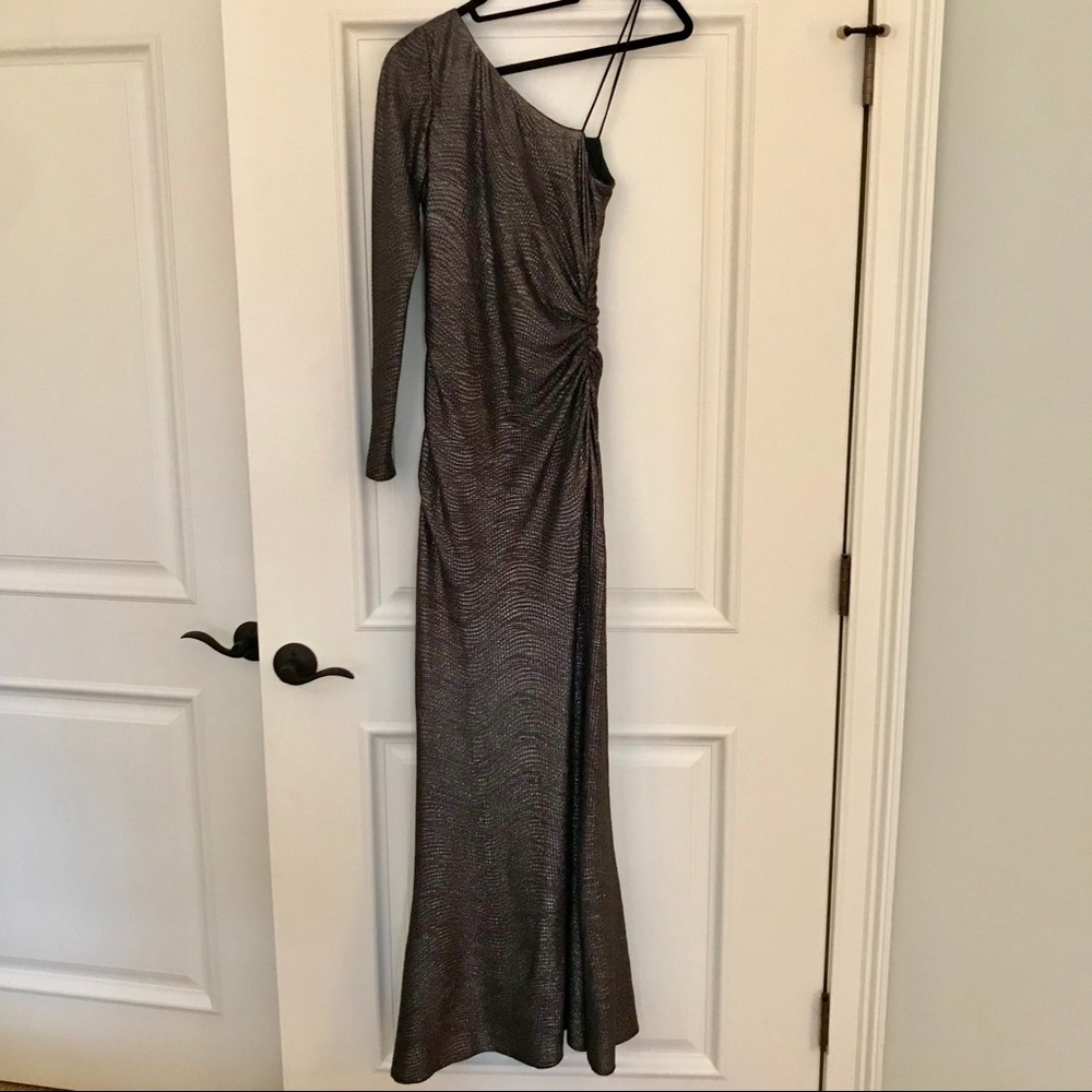 One-Shouldered Xscape Metallic Silver Gown